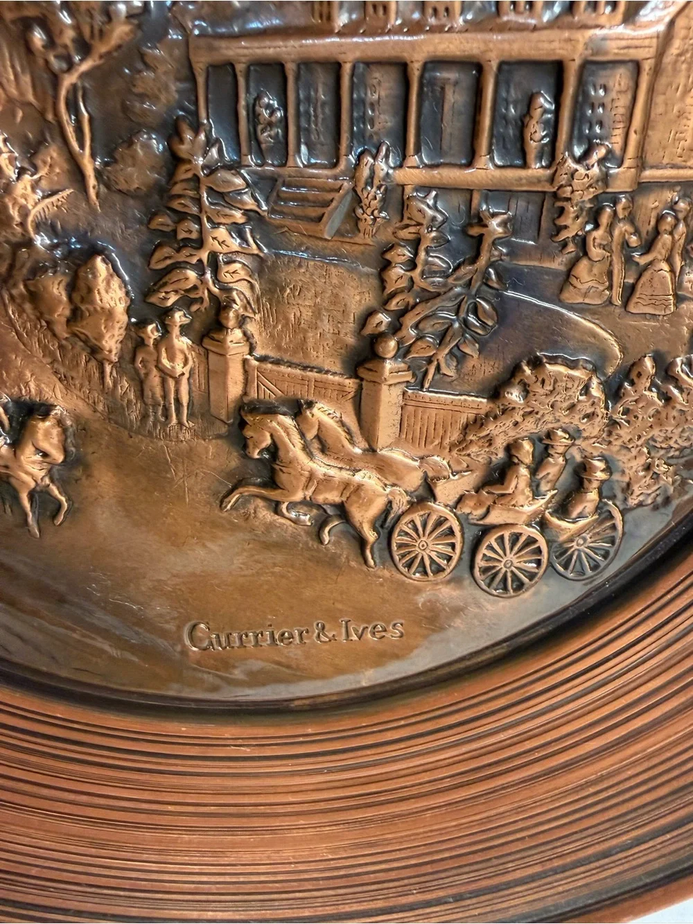 Currier & Ives Copper-Tone Embossed Wall Plate Horse Carriage Scene 10 Inch.